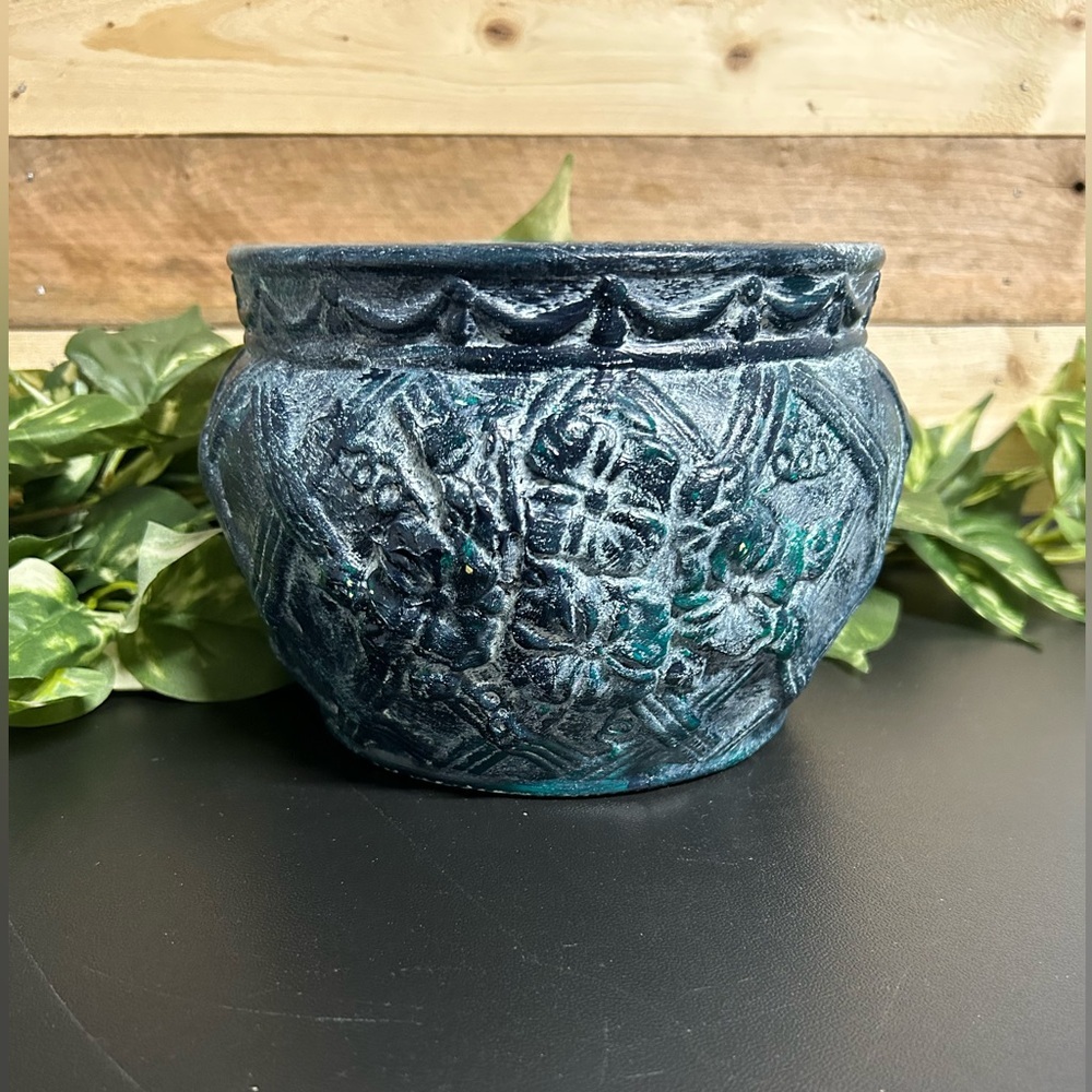 Green Planter Pot Upcycled Painted Floral Textured Home Decor Flowers Garden
